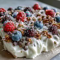 Vibrant frozen yogurt bark studded with fresh berries and crunchy granola, perfect for a healthy summer treat.