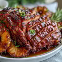 Honey glazed ham with pineapple rings and cherries, a festive holiday centerpiece with golden caramelized crust.