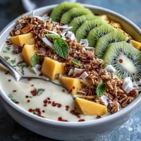 Vibrant Mango Chili Lime Smoothie Bowl topped with fresh fruit and crunchy granola.