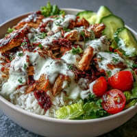 Colorful Middle Eastern Shawarma Bowl with creamy tahini sauce.