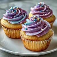 Bright vanilla Gemini Birthday Cupcakes showcase a vibrant, dual-tone frosting swirl.